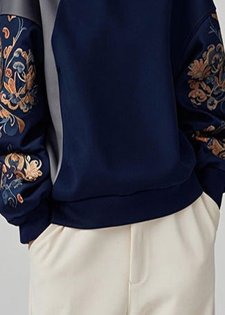 Navy Asymmetrical Patchwork Cotton Pullover Sweatshirt Spring
