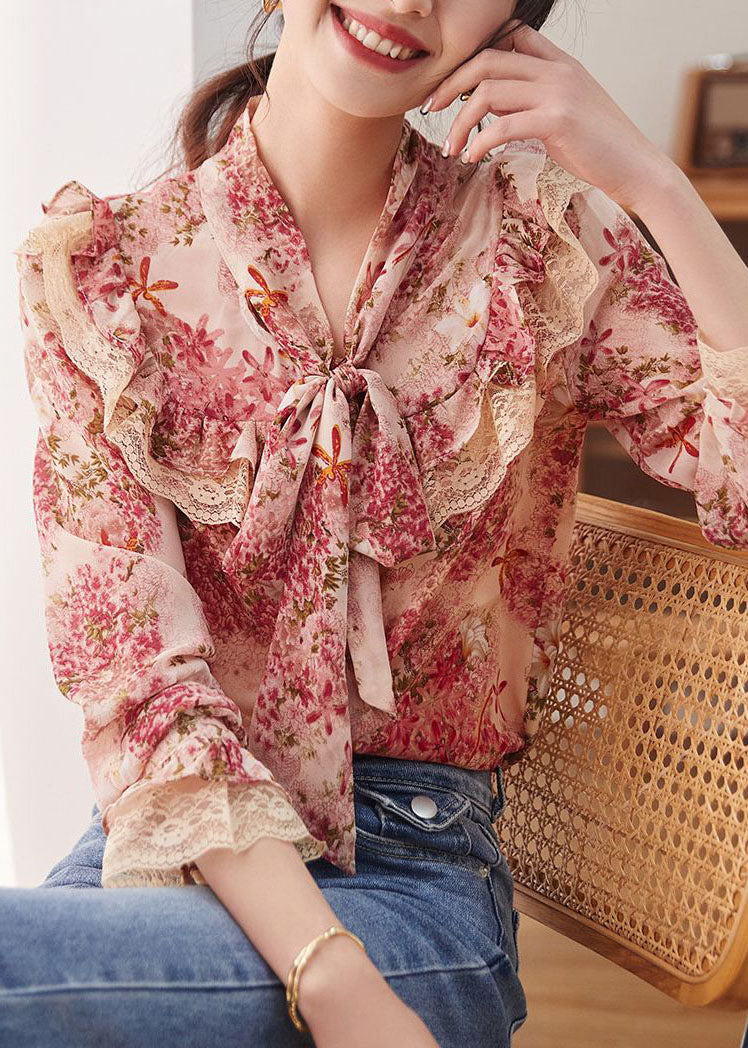 Print Bow Lace Patchwork Chiffon Shirt Tops Spring