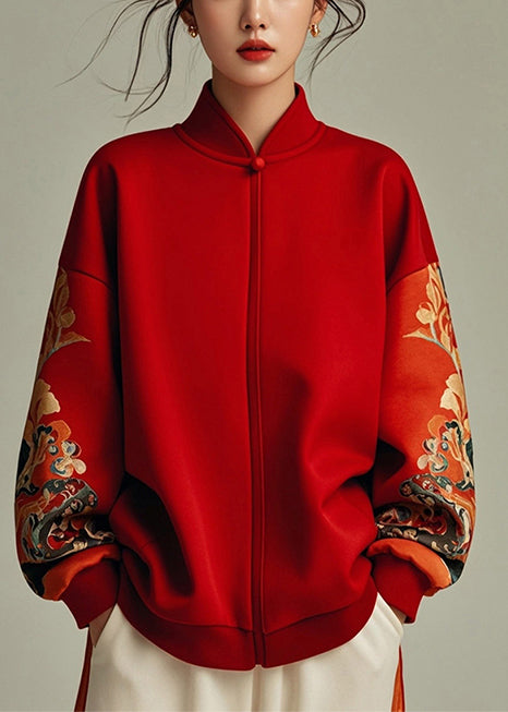 Red Stand Collar Patchwork Cotton Sweatshirt Spring