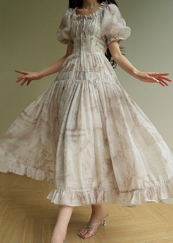 Ruffled Print Lace Up Silk Long Dress Summer