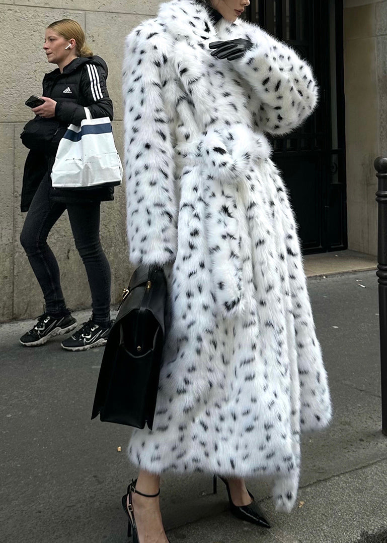 Classy White Peter Pan Collar Print Tie Waist Leather and Fur Long Coats Winter