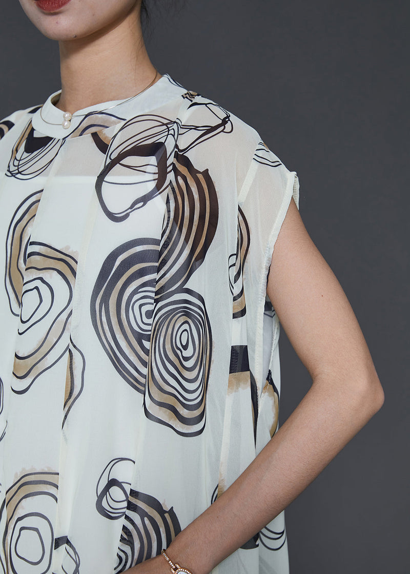 White Stand Collar Print Chiffon Holiday Dress Two Piece Set Summer