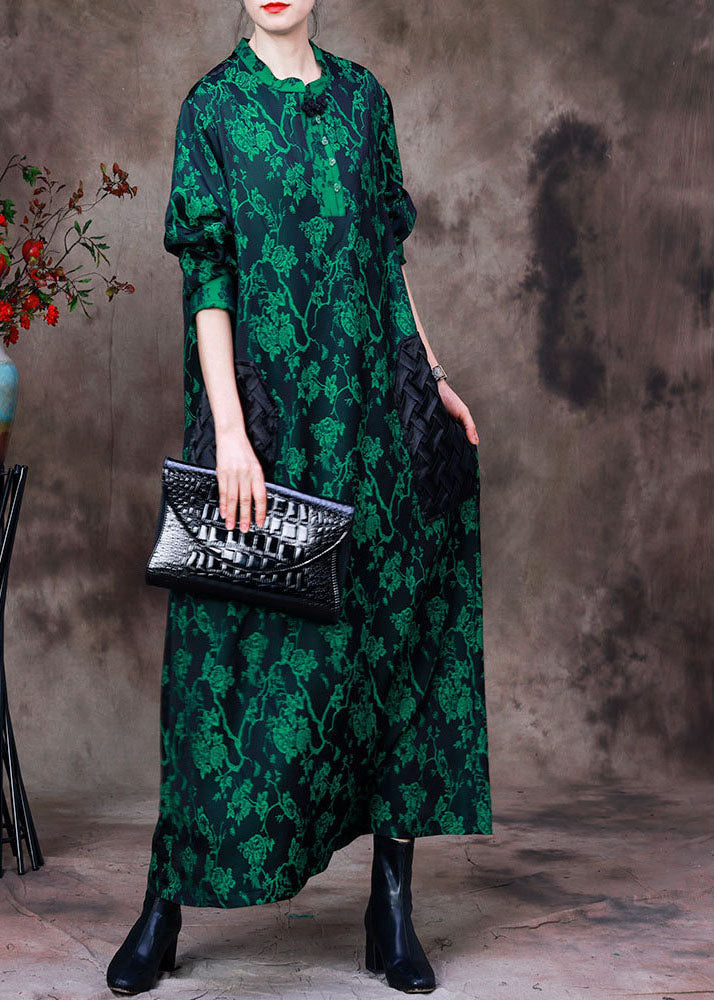 Green Stand Collar Jacquard Patchwork Silk Long Dress Long Sleeve