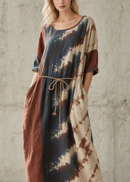 O Neck Tie Dye Lace Up Pockets Cotton Dresses Summer