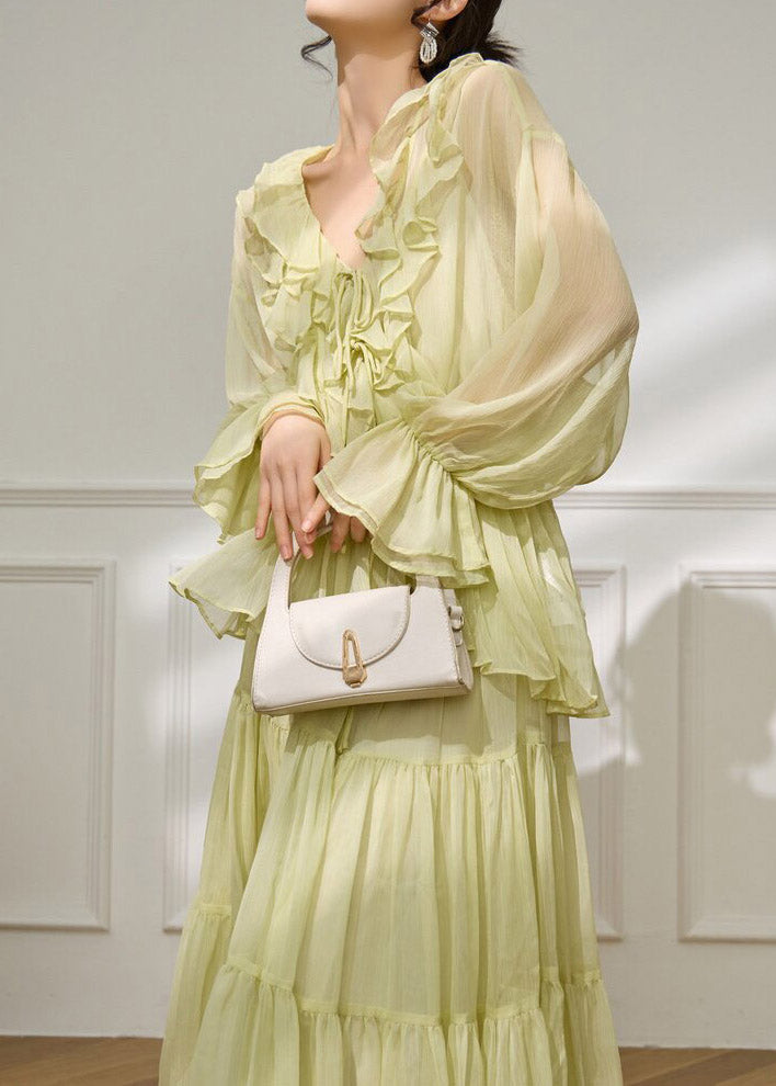 Light Green V Neck Ruffled Shirts and Maxi Skirts Two Pieces Set Flare Sleeve