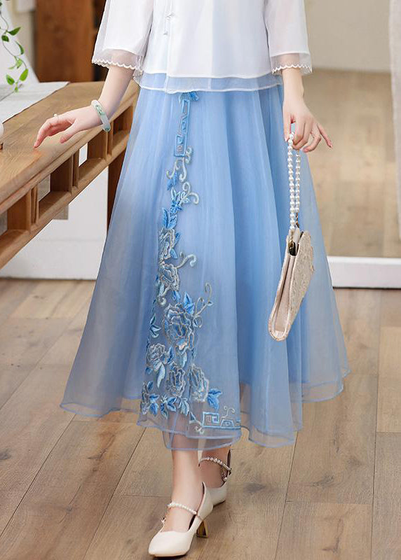 Yellow Embroideried High Waist Tie Waist Tulle Skirts Fall