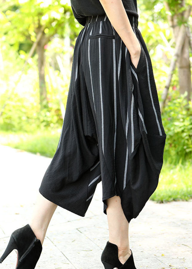 Comfy Black Striped Patchwork Asymmetrical Design Crop Spring Pants