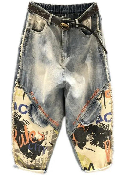 Light Blue Print Patchwork Sashes High Waist Crop Jeans Summer