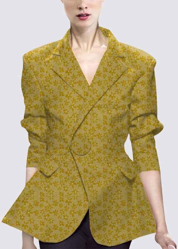 Natural Yellow Button Peter Pan Collar Print Western-style Clothes Coat Long Sleeve