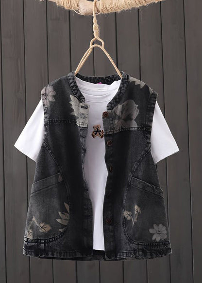Black O-neck Print Pockets Button Denim Waistcoat Sleeveless
