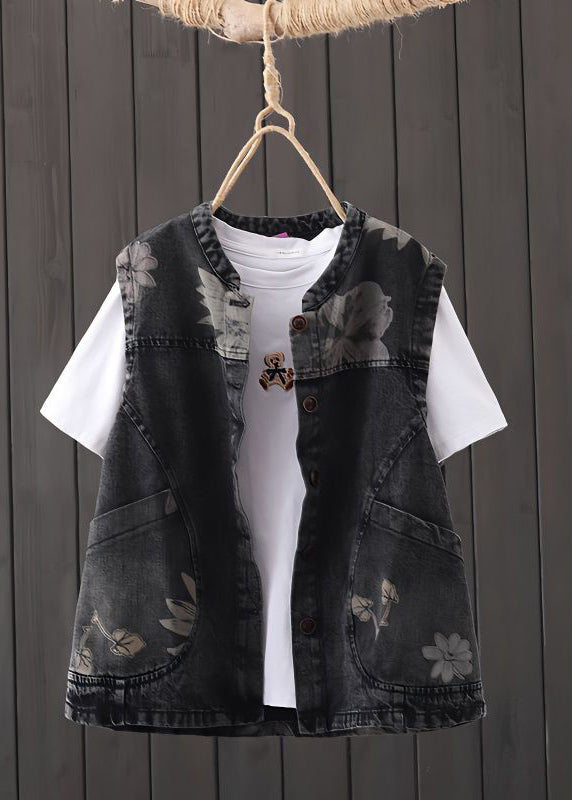Black O-neck Print Pockets Button Denim Waistcoat Sleeveless