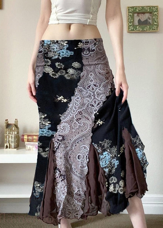 Black Print Patchwork Cotton Skirts Summer
