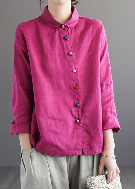 Brief Rose Peter Pan Collar Linen Shirts Long Sleeve
