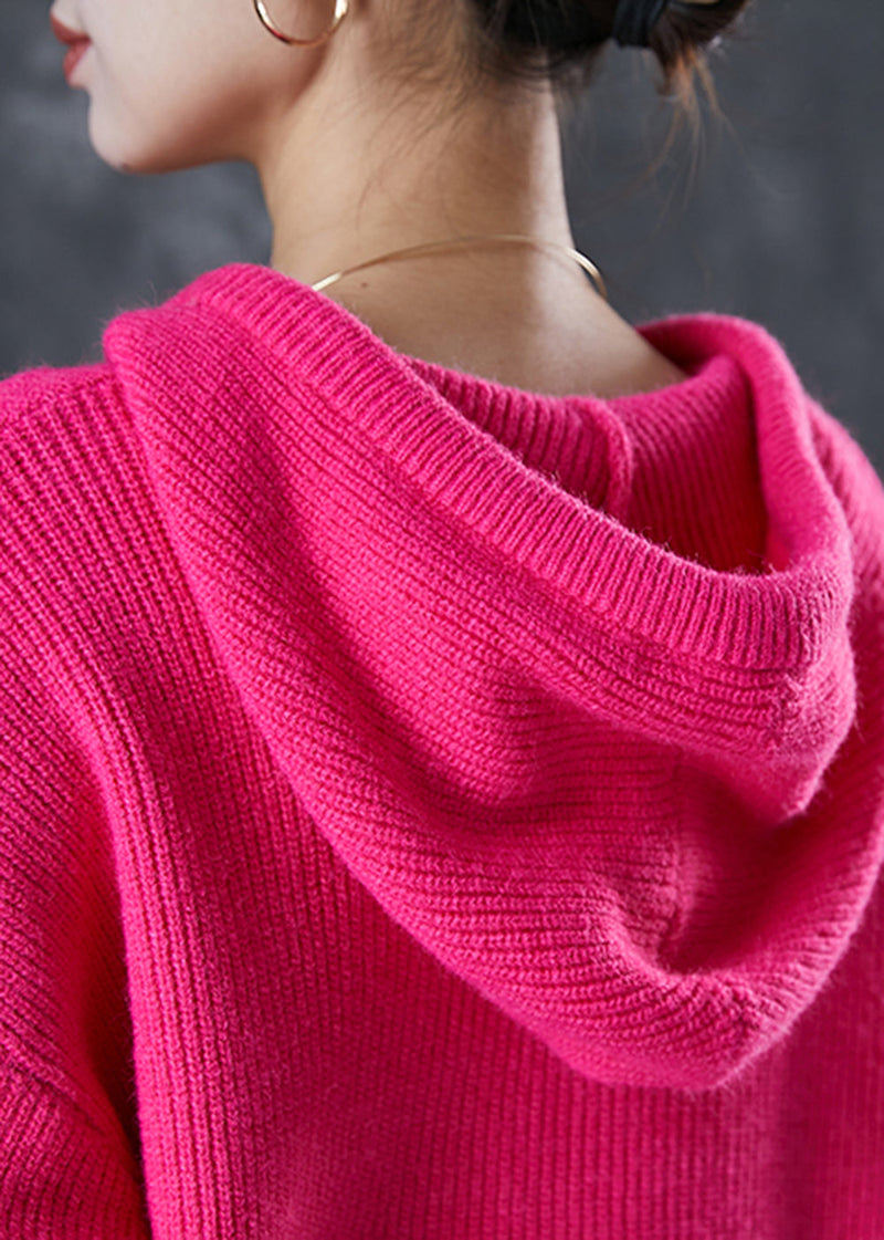 Rose Hooded Drawstring Knit Sweatshirts Top Spring
