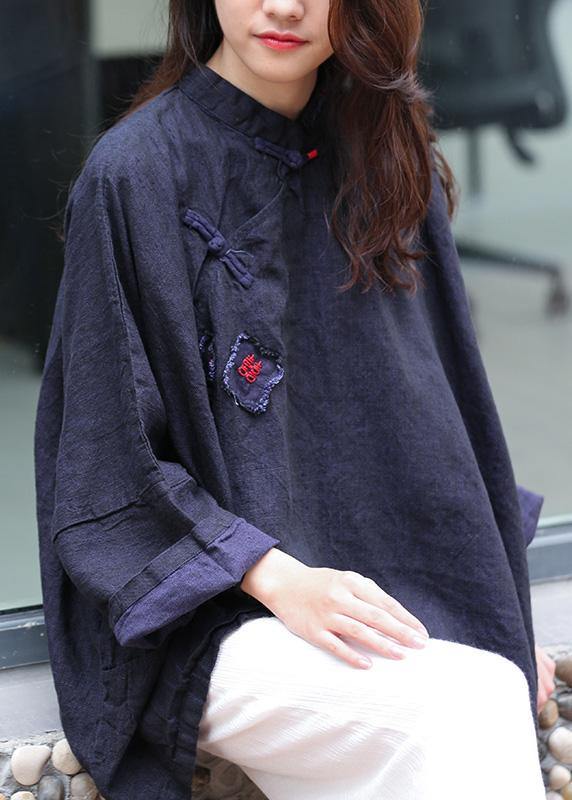 Stand Collar Batwing Sleeve Tunic Cotton Navy Shirts Spring