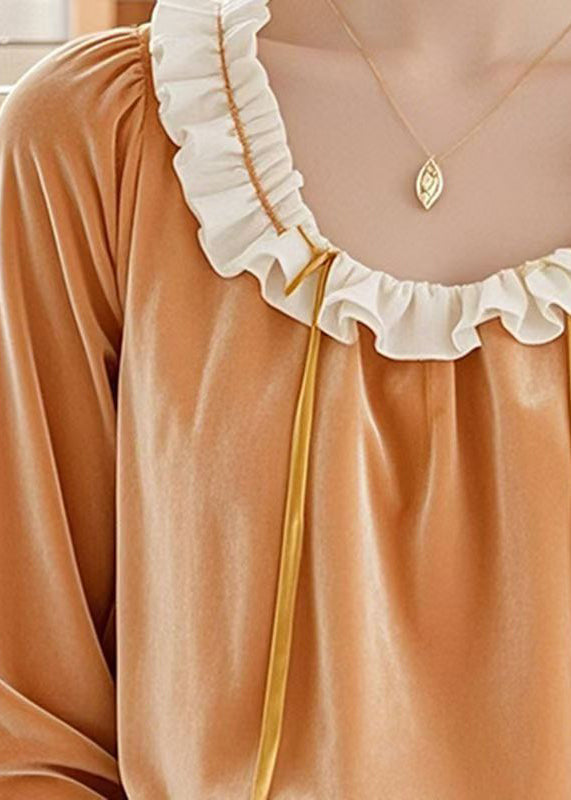 Orange Ruffled Patchwork Velour Shirt Top Fall