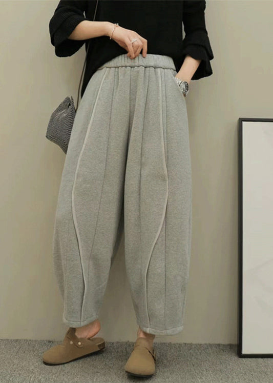 Grey Pockets Elastic Waist Patchwork Cotton Pants Fall