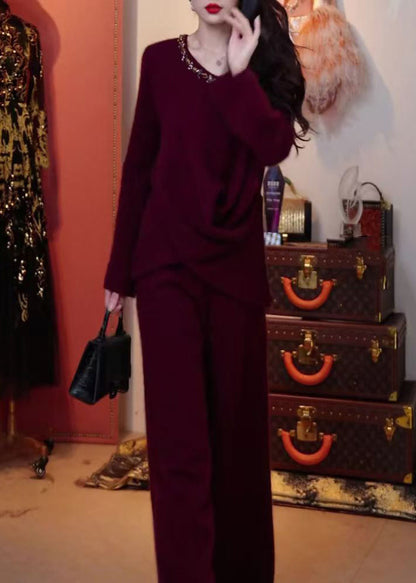 New Purple O Neck Sweaters and Pants Knit Two Pieces Set Winter