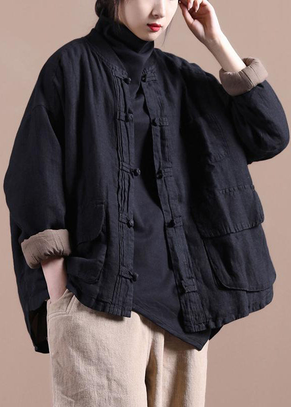 Simple Black O-neck Pockets Button Thick Coat Long Sleeve