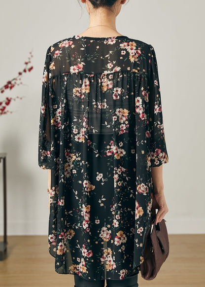Black Oversized Print Chiffon Shirt Summer