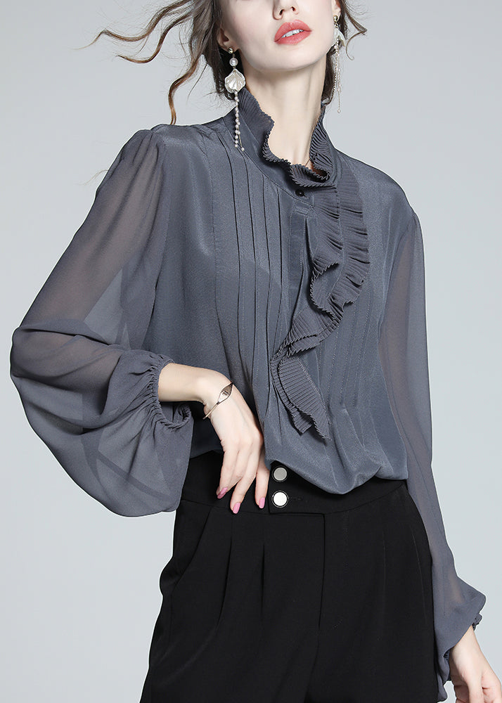Italian Grey Ruffled Silk Blouses Fall