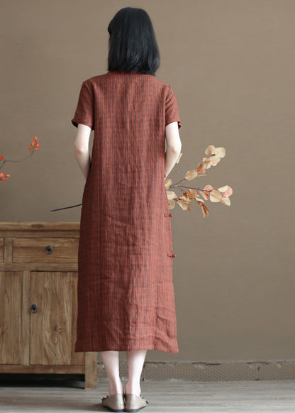Art Orange Stand Collar Plaid Side Open Linen Cheongsam Dresses Short Sleeve