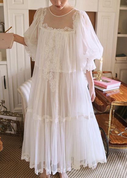 White Wrinkled Lace Patchwork Tulle Pajamas Dresses Half Sleeve
