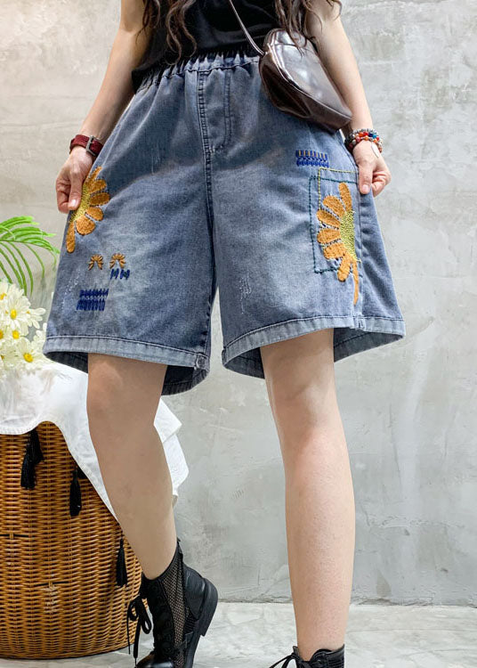 Blue Embroideried Denim Shorts Summer