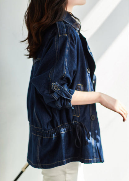Dark Blue Square Collar Patchwork Button Denim Coats Fall