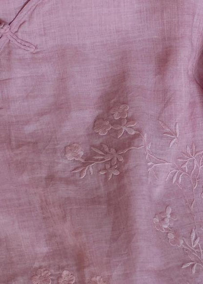 Classy O Neck Chinese Button Clothes for Shape Pink Embroidery Shirt