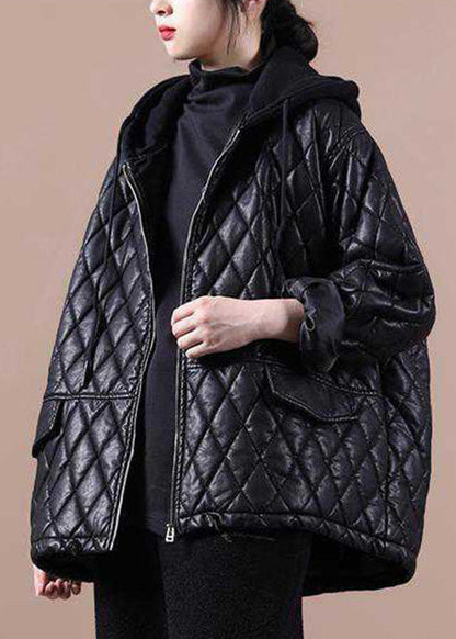 Black Hooded Zippered Patchwork Winter Winter Coats Long Sleeve