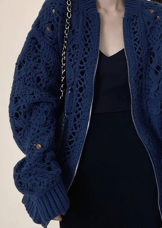 Blue O-neck Zippered Patchwork Cotton Knit Coats Long Sleeve