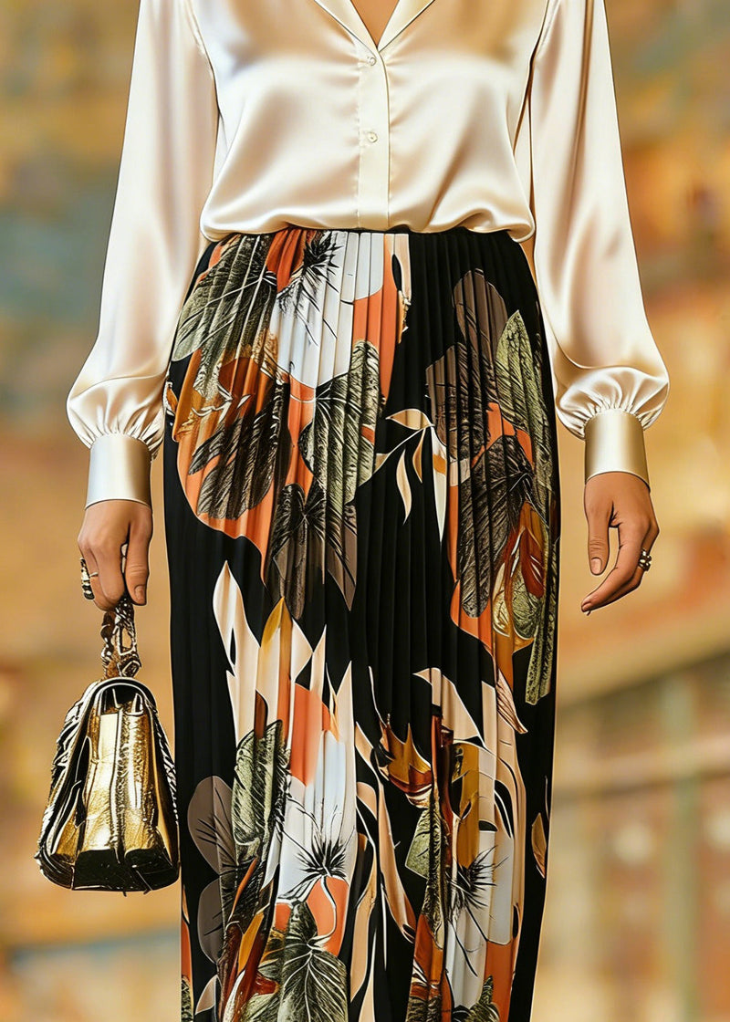 Organic Black Print Elastic Waist Pleate Skirts Spring