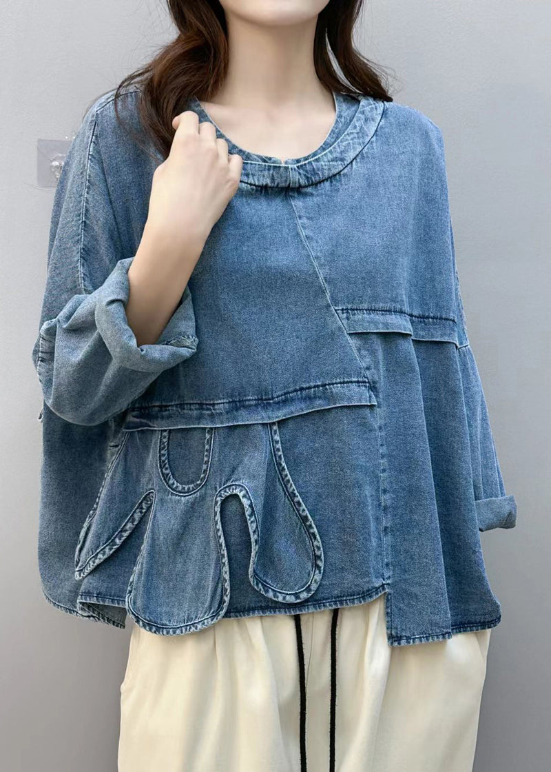 Blue Asymmetrical Patchwork Denim Shirt Tops Fall