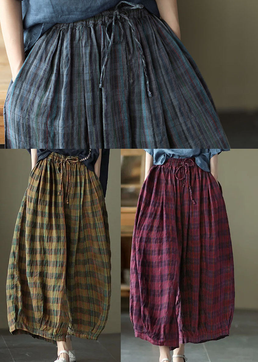 Blue Elastic Waist Plaid Cotton Pants Spring