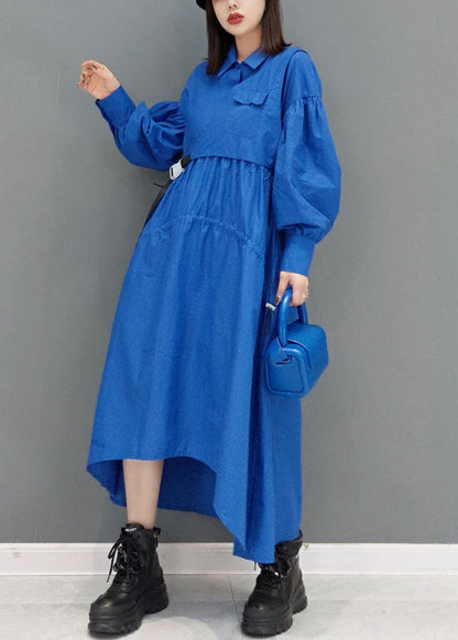 Blue Low High Design Peter Pan Collar Wrinkled Long Dress Spring