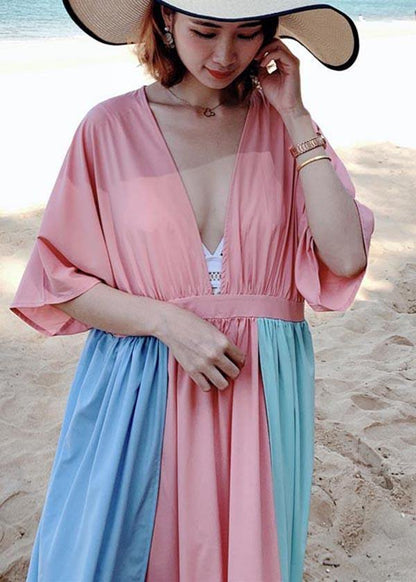 Stylish Pink Patchwork Blue Cotton Side Open Beach Gown Dresses