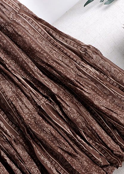 Brown Print Higt Waist a Line Skirt Fall