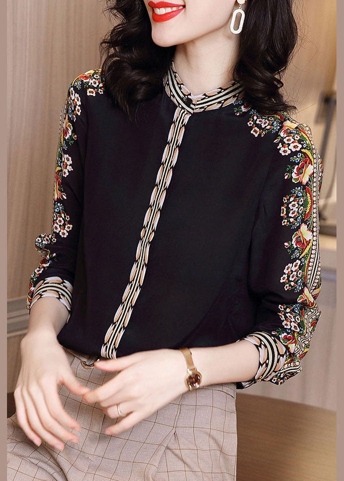 Black Stand Collar Print Chiffon Shirt Top Long Sleeve