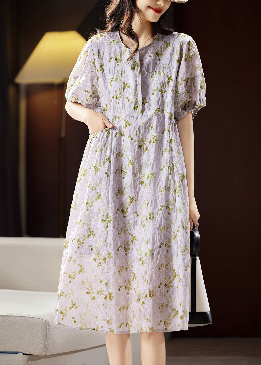 Light Purple Print Patchwork Cotton Holiday Long Dress Puff Sleeve