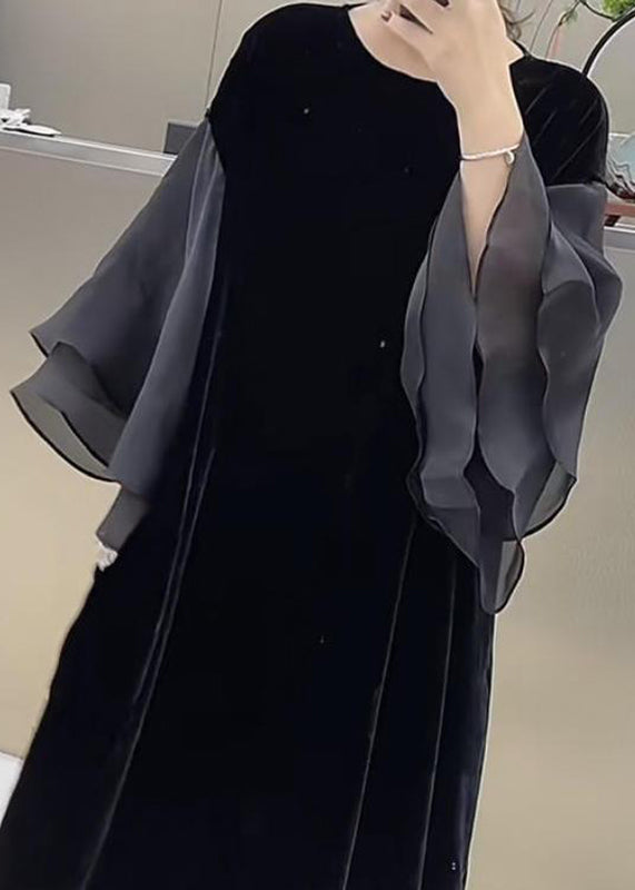 Black O-neck Patchwork Silk Velour Maxi Dress Butterfly Sleeve