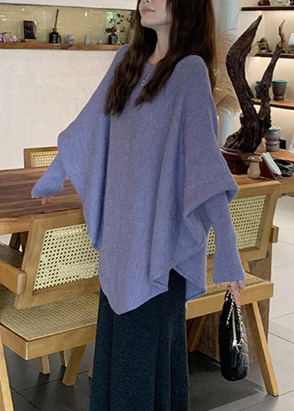 Purple O-neck Knit Sweater Batwing Sleeve