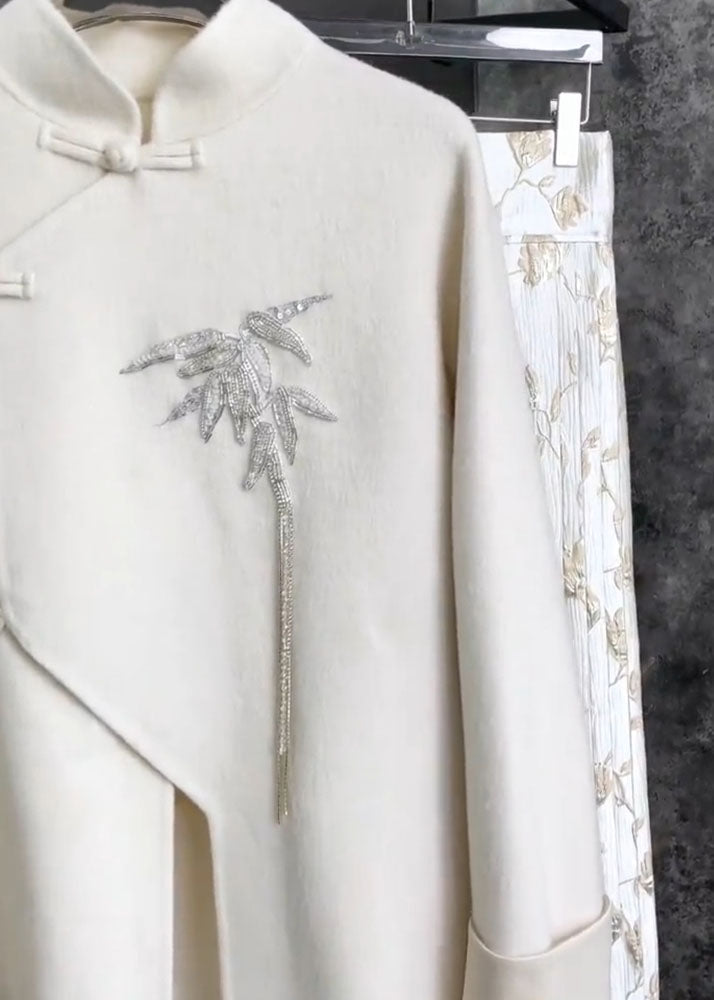 Chinese Style White Stand Collar Embroideried Shirts and Maxi Skirts Two Pieces Set Fall