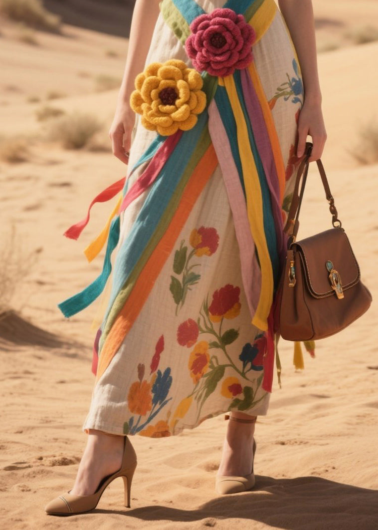 Art Khaki Decorated Cotton Spaghetti Strap Dress Summer