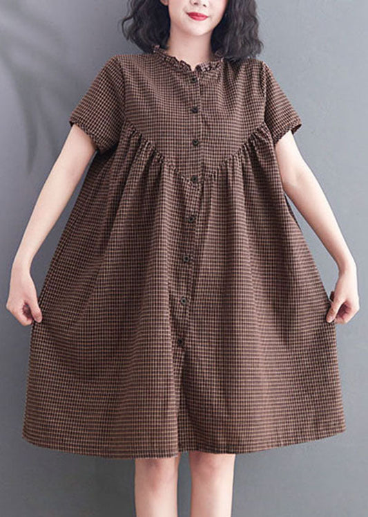 Brown Wrinkled Ruffled Plaid Cotton Dress Short Sleeve