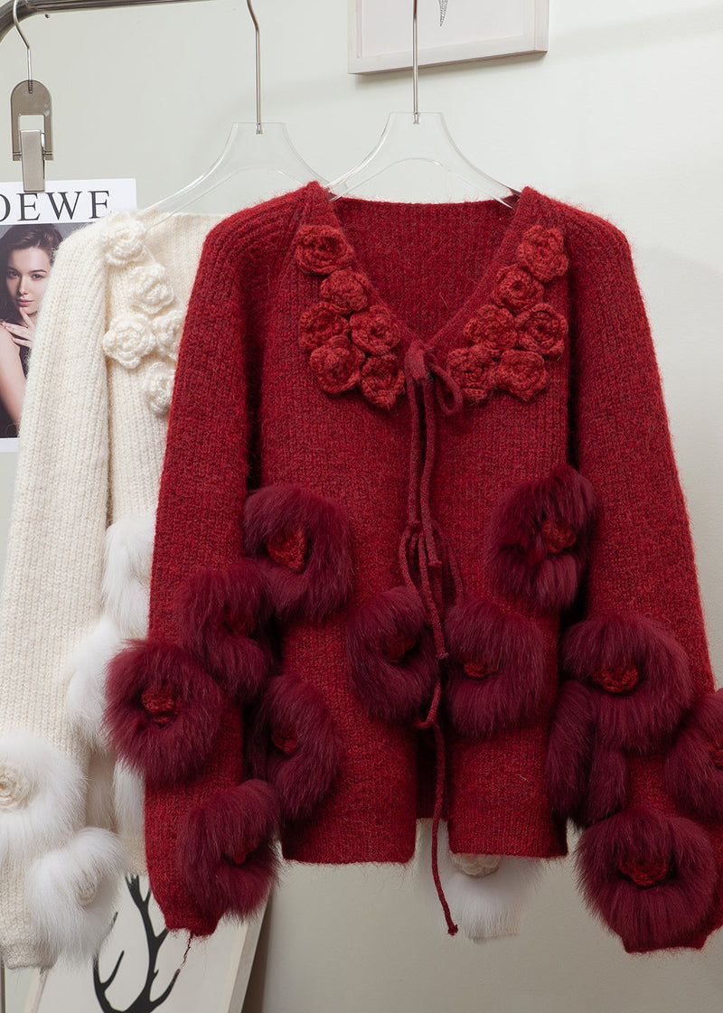 Red Decorated Patchwork Fox Fur Knit Cardigan Winter