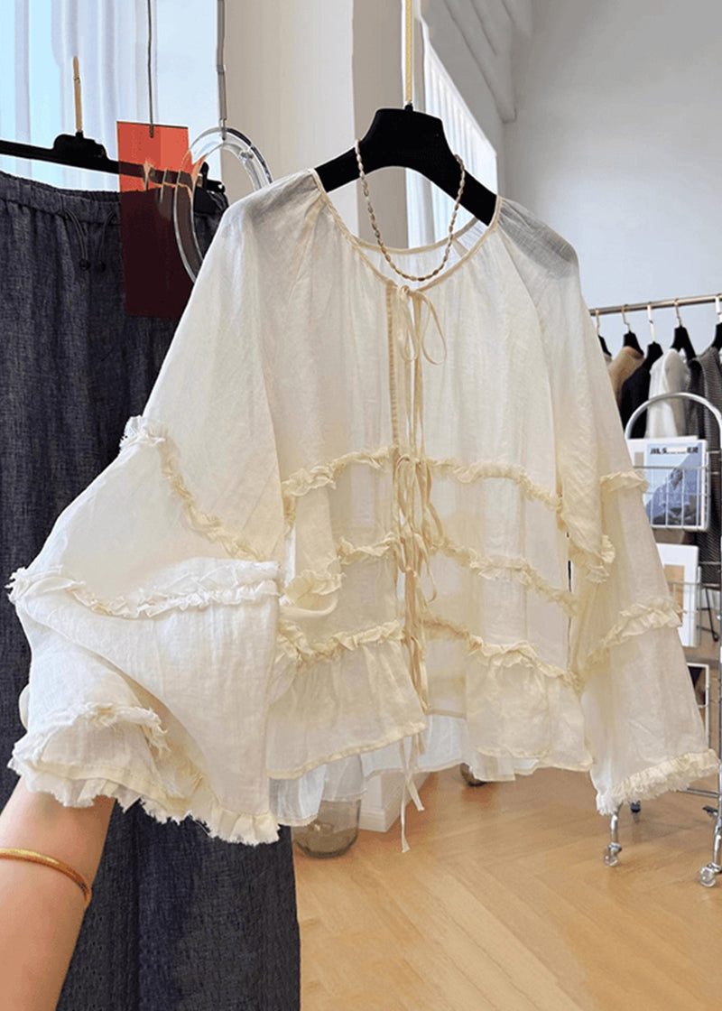 Loose Apricot Ruffled Lace Up Cotton Shirts Fall