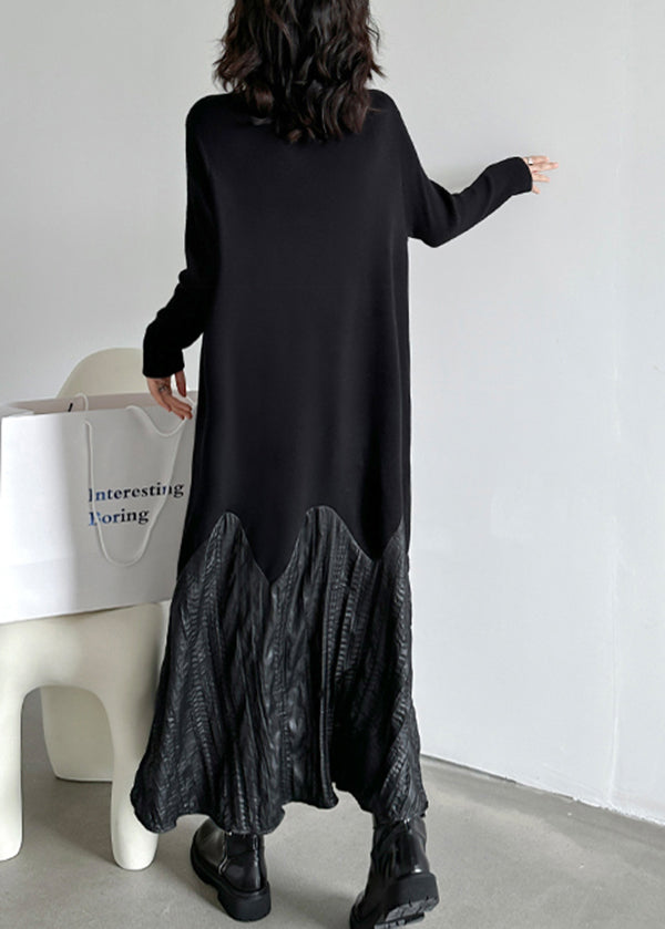 Black High Neck Patchwork Knit Long Dresses Fall