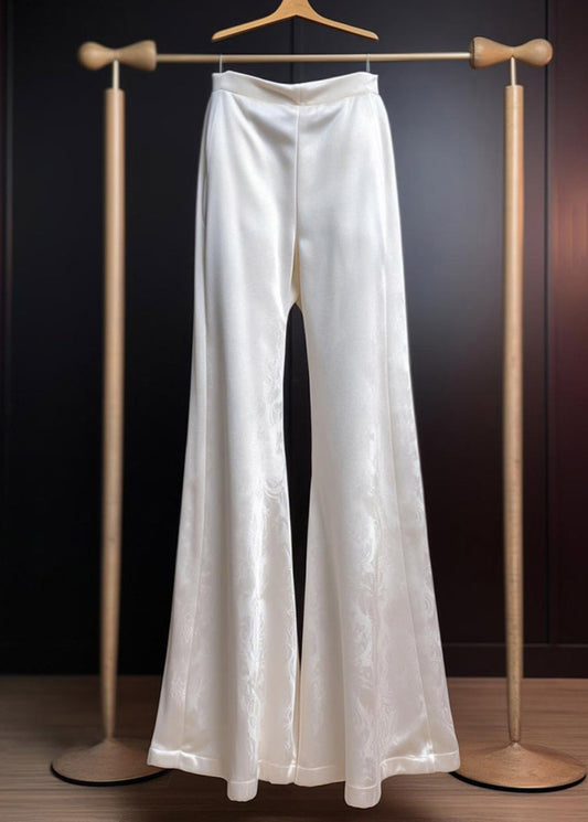 Fine White Print High Waist Silk Flared Trousers Summer