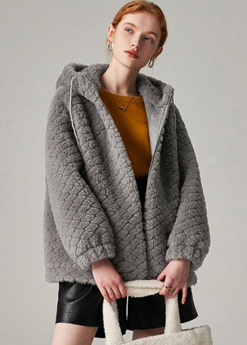 Grey Drawstring Faux Fur Hooded Coat Winter